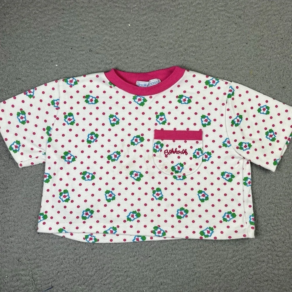Vintage 90s Oshkosh Bgosh Floral Polka Dot Shirt Pink White USA Made Girls 4T